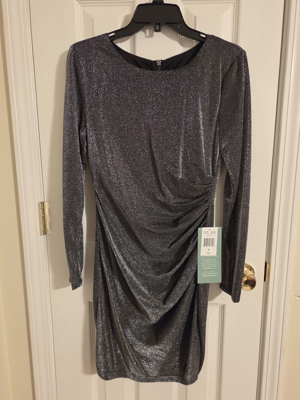 B. Smart Metallic Silver Long Sleeve Bodycon Dress with Side Draping